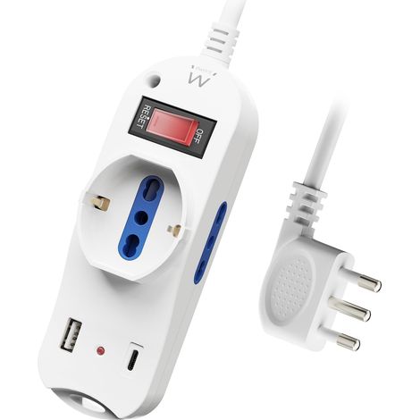 Ewent Multipresa da tavolo e muro con 3 Prese (2ITA/Schuko) e 1 porta USB-A e 1 porta USB-C, Interruttore ON/OFF, 2500W, Protezione da Sovraccarico e Bambini, Spina IT10A e cavo da 1.5 mt, Bianca (1/5)