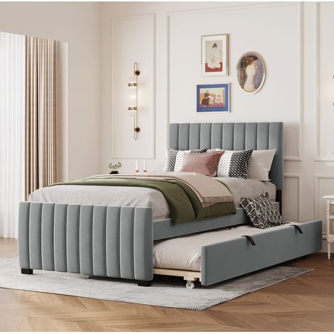 Lit enfant 90 x 200 cm capitonné en velours gris avec lit gigogne, design classique et stable (1/5)
