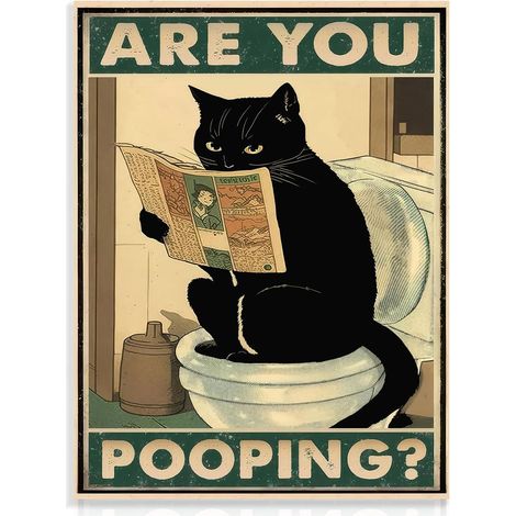 Art Mural Marrant pour la Salle de Bain - Chat Noir, Panneau Are You Pooping Cat, Poster pour la Salle de Bain Chat Vintage Assis sur les Toilettes, Lisant le Journal 30x40 cm Sans Cadre (1/5)