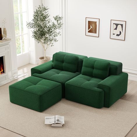 Canapé modulaire 2 places avec repose-pieds - Forme en L, dossier moelleux, tissu velours côtelé, Design moderne - Vert (1/5)