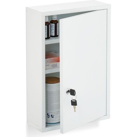 Relaxdays Armadietto Pronto Soccorso Medicinali, Cassetta Medicine con Chiave, HLP: 45x30x12 cm, Acciaio Inox, Bianco