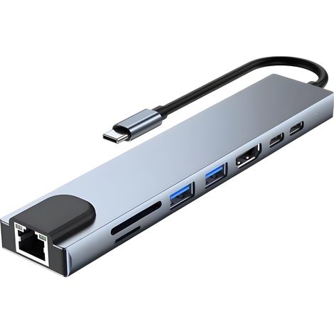 Hub USB-C - 8-en-1 Dock avec Port Ethernet RJ45 100 Mbps - HDMI 4K UHD - 2x USB-A - Lecteur Cartes SD/TF - Charge PD 100 W - Pour Ordinateur Portable (1/5)