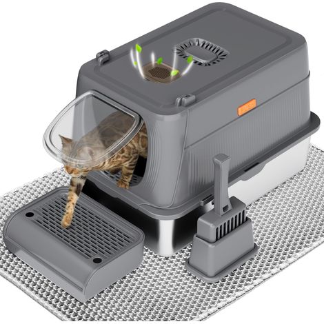 Bac litière Chat en Acier Inoxydable, Extra Large, fermée, Amovible, en métal, avec Pelle à litière et Tapis de litière, Amovibles avec Boîte de Charbon Actif Cachée sur Dessus, Gris Foncé (1/5)