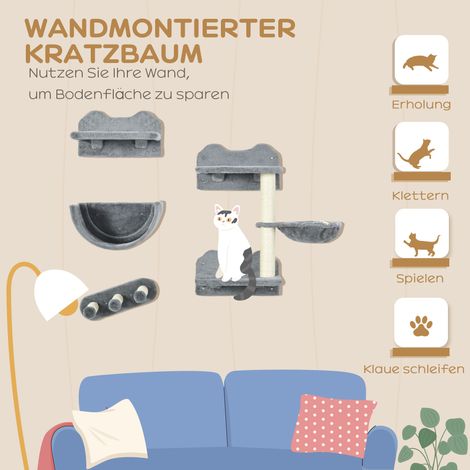 Ensemble mural pour chat avec mur d’escalade, hamac, griffoir, plateformes de saut, en peluche, sisal et gris (1/4)
