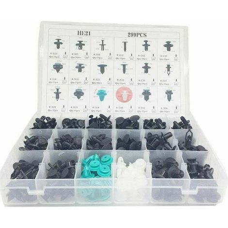 Kit universale per auto con scatola portaoggetti, composto da 299 pezzi di clip, elementi di fissaggio, rivetti, finiture, paraurti e pannelli porta in plastica. (1/4)