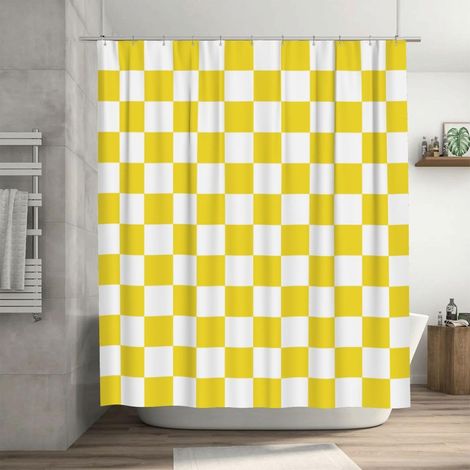 1 - Rideau De Douche - Carreaux - Design Rétro Damier - Lavable En Machine - Pour Salle De Bain - Jaune - 183x183cm (1/5)