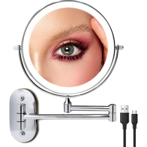 Miroir de maquillage lumineux rechargeable, fixation murale, miroir de courtoisie extensible double face avec grossissement x10, miroir grossissant LED de 20 cm avec 3 couleurs d'éclairage, miroir de 
