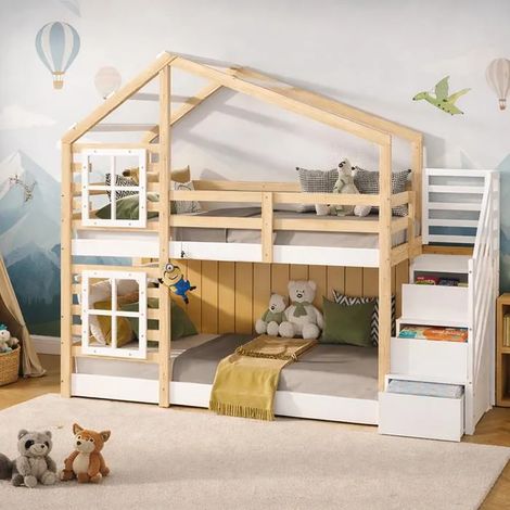 Lit superposé enfants 90x190 cm avec escalier 3 marches et tiroirs de rangement, avec barrières de sécurité, style maisonnette avec fenêtres, structure bois naturel et blanc (sans matelas) (1/5)