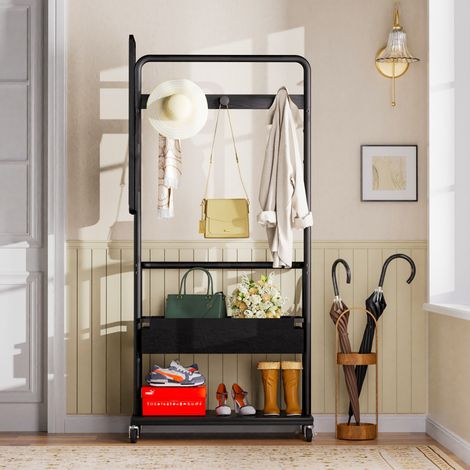 Portant vêtements métal robuste, penderie mobile sur roulettes, 3-en-1 avec panier et miroir, cintres inclus, rangement spacieux, noir, 70 x 40 x 170 cm (1/5)