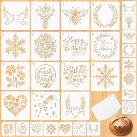 Lot de 30 pochoirs à pain faits main avec racloir à pâte, pochoirs pour levain, outils de décoration pour pain au levain et biscuits, motifs variés pour la décoration de tartes et gâteaux (1/5)