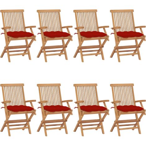 Lot de 8 Chaises de jardin avec coussins rouge - Chaise d'extérieur pour terrasse/jardin Bois de teck massif BV250658 - BonneVie (1/5)