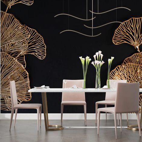 Papier peint feuillage ginkgos filigranes sur fond noir 1 - 150 x 250 cm (1/2)