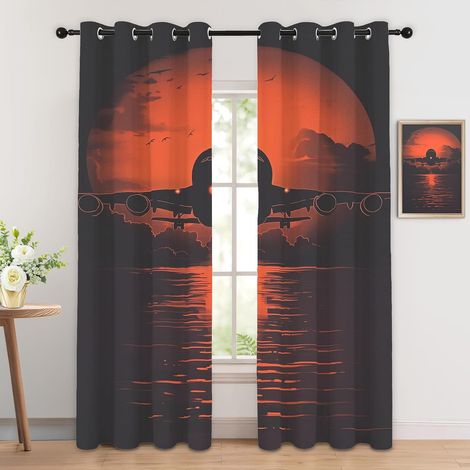 Rideau Occultant Avion - Décoration Avion, Rideau Thermique Motif Coucher de Soleil Vol Aviation, Lot de 2 Rideaux Opaque à Oeillets pour Fenetre Chambre Salon Chambre Enfant, 140x160 cm (LxH) - 2x L (1/5)