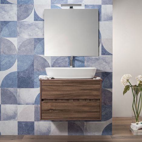 Mobile Bagno Sospeso 80 cm Noce 2 Cassetti Specchio Top per Lavabo da Appoggio (1/5)