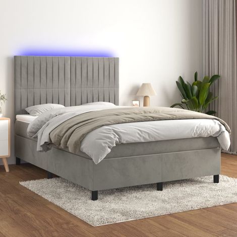 Cama box spring colchón y LED terciopelo gris claro 140x200 cm (1/5)