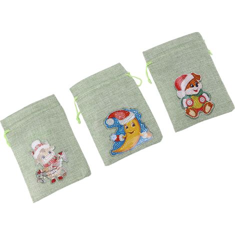 Lot de 3 sacs cadeaux de Noël en lin, à fermeture facile, avec de jolis motifs. Sacs en toile de jute légère, parfaits pour les fêtes. (1/5)