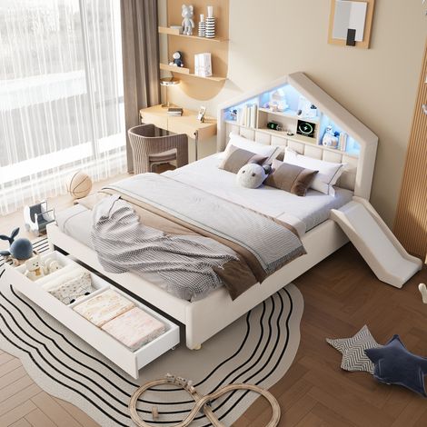 Letto per bambini 140/200 cm beige in velluto con scivolo reversibile, LED e vano contenitore (1/5)