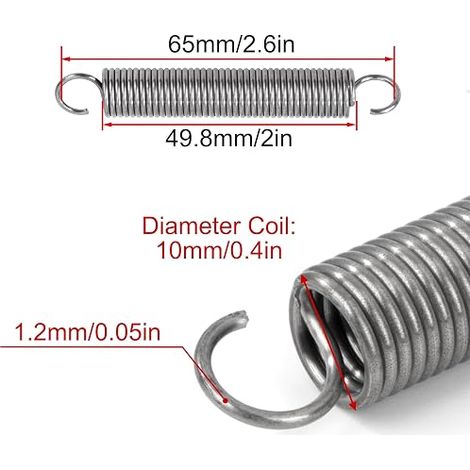 Ressort de Traction 65mm Ressorts de Tension avec Crochets à 90 Degrés Ressorts en Acier Inoxydable Diamètre du Fil 1,2 mm Diamètre Extérieur 10mm Force 3,2KG (1/4)