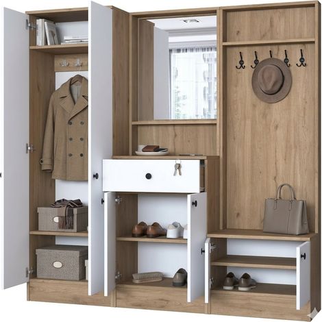 Mueble de Entrada Riace, Espejo Incluido, Perchero, 8 Estantes, 179x38x183h cm Blanco
