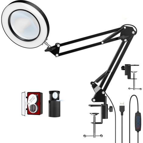 Lampe de bureau à LED 10x avec pince, loupe mains libres avec lumière 72 LED, 3 modes de couleur à intensité variable, comprend deux loupes de bijoutier 30x 45x pour travaux de rapprochement (1/5)
