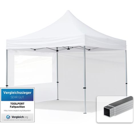 TOOLPORT pop up gazebo 3x3m with two side panels & aluminium frame folding garden tent Water repellent white (1/5)