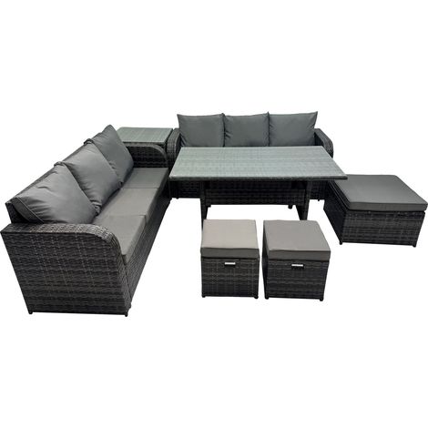 Fimous 9 Seat Outdoor Wicker PE Rattan Garden Furniture Set Dining Table Sofa Set with Side Table 3 Stools Dark Grey Mixed (1/5)