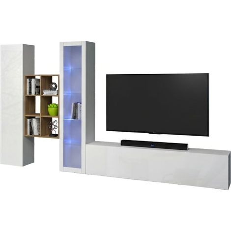 Dmora - Pared Equipada Dcragn, Conjunto de salón Mueble de TV con 3 puertas, Mueble de salón polivalente con vitrina y luz LED, 100% Made in Italy, cm 320x30h180, Blanco brillante
