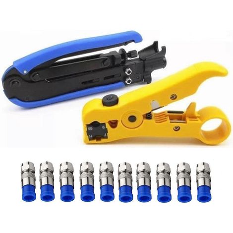 Outil de compression coaxiale, kit de sertissage de câble coaxial réglable RG6 RG59 RG11, pince à dénuder pour câble coaxial avec 10 connecteurs à compression F (1/4)