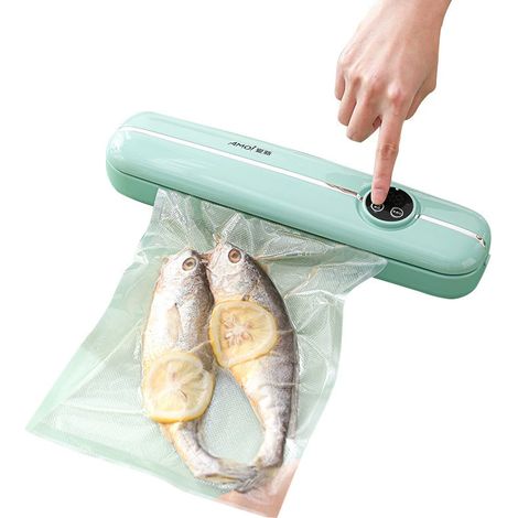 Selladora al vacío AMOi: práctica máquina de sellado automático para alimentos secos y húmedos, color verde.