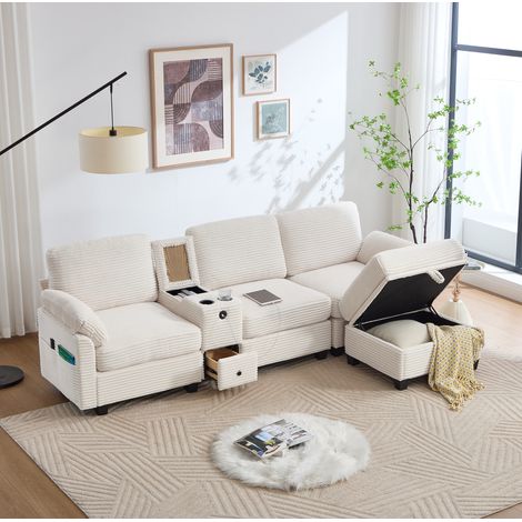 Canapé con pouf contenitore in tessuto a coste beige 266x136x82 cm con console scorrevole e USB-C (1/5)