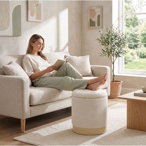 Taburete con almacenaje redondo de tela crema, asiento auxiliar y reposapiés con base metálica efecto madera, 45 cm de alto, 120 kg – CHICFURN para salón o dormitorio (1/5)