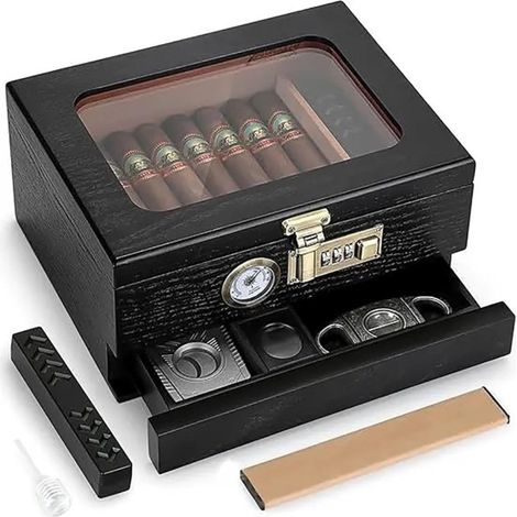 Beyamis Nouvelle boîte à cigares en bois massif avec couvercle transparent, coffret de rangement pour cigares, cave à cigares, étui à cigares en bois (1/5)