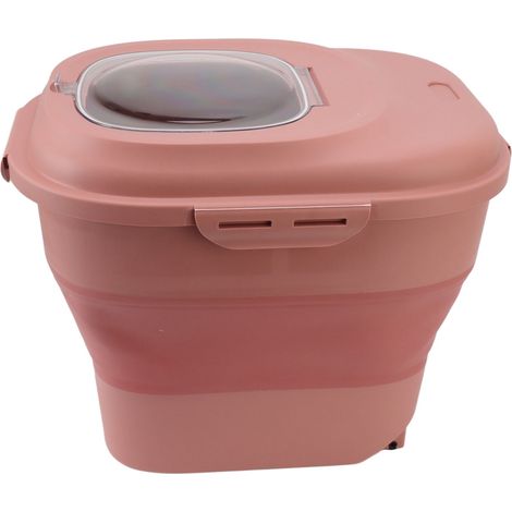 Boîte de conservation pour riz, grand récipient pliable avec verre doseur et roulettes, rose (1/5)