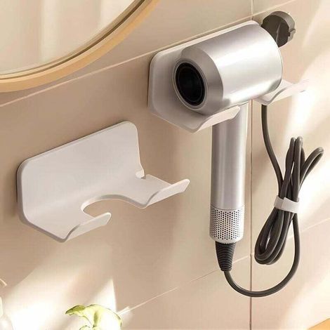 Support universel pour sèche-cheveux, crochet mural pour sèche-cheveux avec organiseur de prise et de câble, auto-adhésif pour armoires de salle de bain (1 pièce, blanc) (1/5)