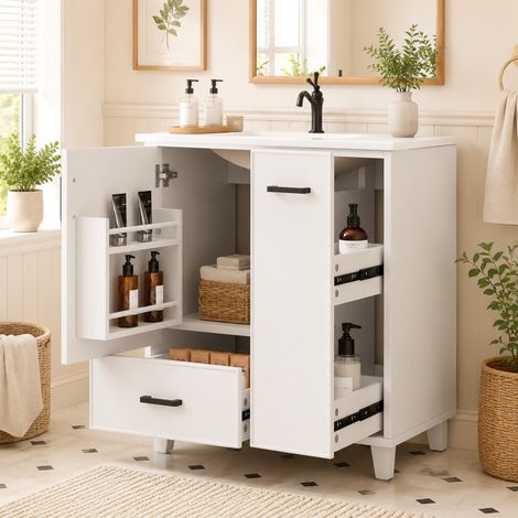 76,5 x 47 x 82 cm, mueble de lavabo independiente, superficie lacada, cajón lateral deslizante de dos niveles, lavabo cerámico integrado, compartimento de almacenamiento en el interior de la puerta, c (1/5)