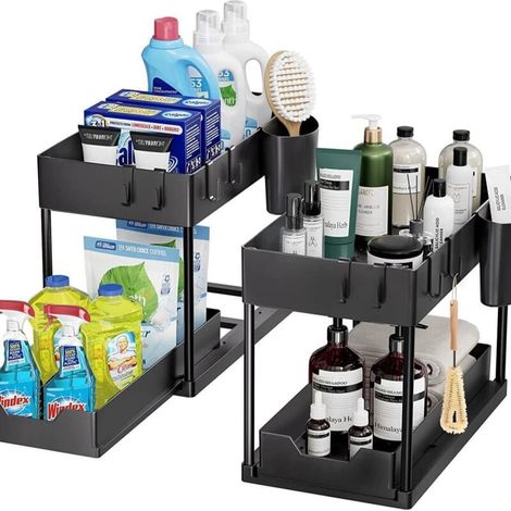 Organizer sottolavello, contenitore per cucina, 2 ripiani, organizer per mobile con 5 ganci e 1 lavello sospeso, contenitore e organizzazione per cucina, nero (1/5)