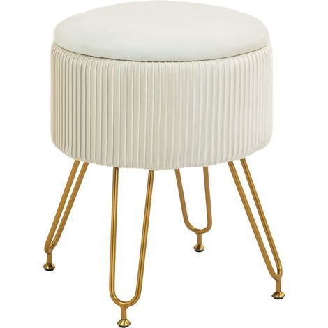 Stool of storage 2 in 1 with feet in metal, rests-feet round for living room, bedroom, hallway, white cream (1/5)