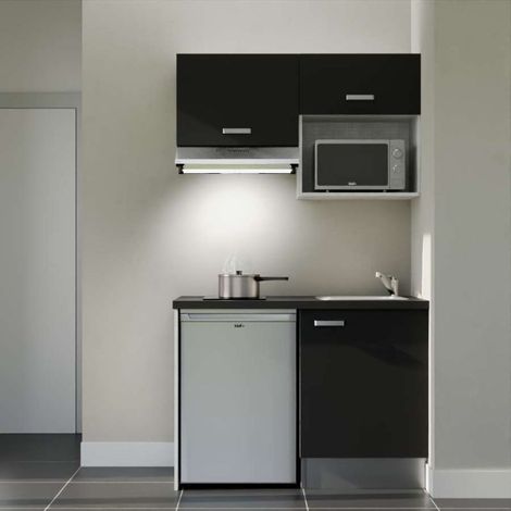 Kitchenette K02L-PT - 120 cm - plan stratifié, évier inox, - Façade Noir - Plan Noir texturé - Evier Inox - Crédences Non + Electroménager inclus coloris Inox (1/4)