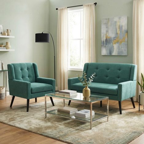 Set de 2 piezas: sillón y sofá de 2 plazas en tejido verde, con capitoné y patas de madera (1/5)