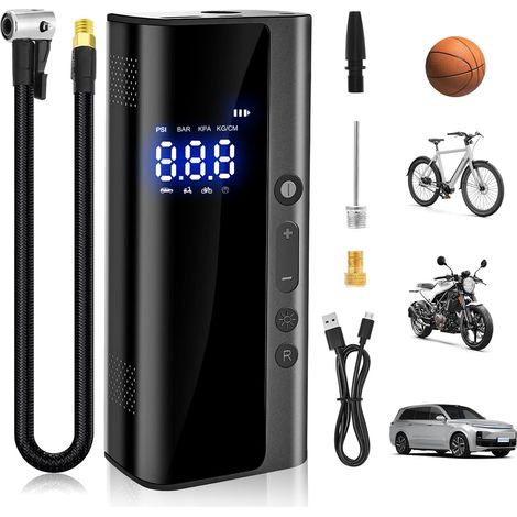Lntyq Electrique Compresseur à Air Portatif, 150psi, 7.4V 8000mah Mini portable pour voiture, moto, vélo, balle, peut être rechargée par USB - C comme lampe de poche et alimentation mobile