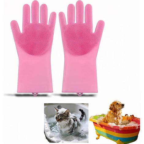 Gant de toilettage en silicone pour chiens et chats – ajustement amélioré à cinq doigts, antidérapant et manchette allongée – brosse double face pour laver, masser et nettoyer en profondeur – 1 paire (1/5)