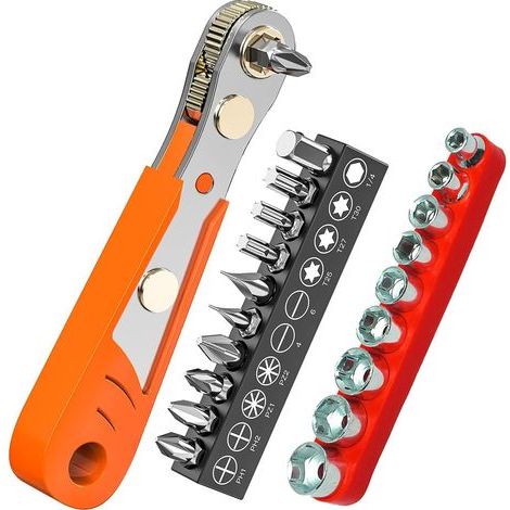 Cliquet 1/4 Tournevis Magnétique,Avec manche10 pièces, tournevis à angle droit à cliquet, 9 pièces de douilles métriques, avec Phillips, fente, Torx (1/4)