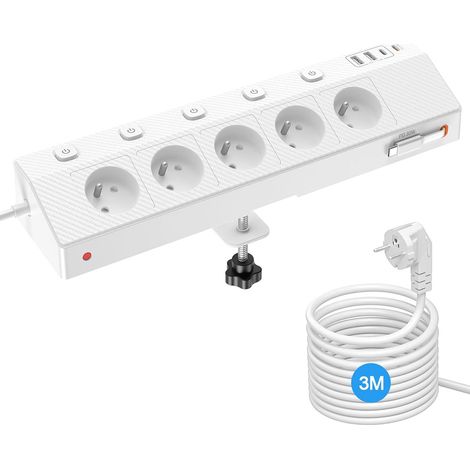 1 Multiprise Avec 5 Prises Secteur, 5 Ports USB, Interrupteur Individuel, Câble 3M, Pour Bureau Et Maison