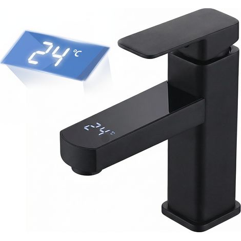 Robinet de salle de bain LED température digital pour lavabo monocommande Noir (1/5)