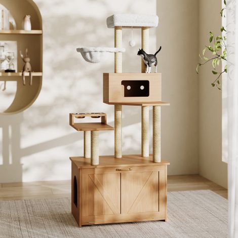 Moderner Katzenturm & Kratzbaum für Wohnungskatzen – All-in-One-Katzenmöbel mit großer Plattform, Futterstation, 1 Hängematte und Katzenkloschrank (ohne Katzenklo), Nussbaumfarben, 80×50×173 cm
