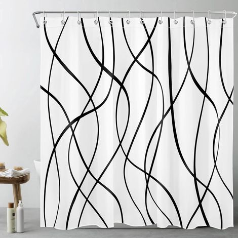 Abstrait Rideaux de Douche 180x180cm Rayures Noires Rideaux de Bain avec Crochets, Blanc géométrique Moderne Imperméable Polyester Anti Moule Salle de Bain Décor (1/5)