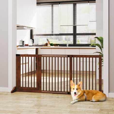 Portail autoportant pour chien avec pieds 113-166x71 cm, couloir, cuisine, portes, pour escaliers, 3 panneaux en bois, marron (1/4)