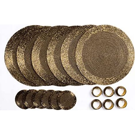 Ensemble de sous-Verres, Ronds de Serviette et Sets Table Ronds Perles Verre 18 Pièces, Or Antique (1/5)