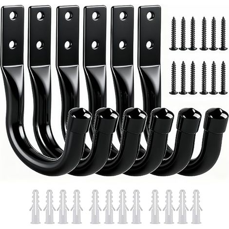 6 Pcs Crochet Mural Garage, Support Velo Mural Noirs, Accroche Velo Mural, Crochets de Rangement pour échelle de Garage, Crochets en J, Crochets Muraux Robustes pour Garage Vélos Outils électriques (1/5)