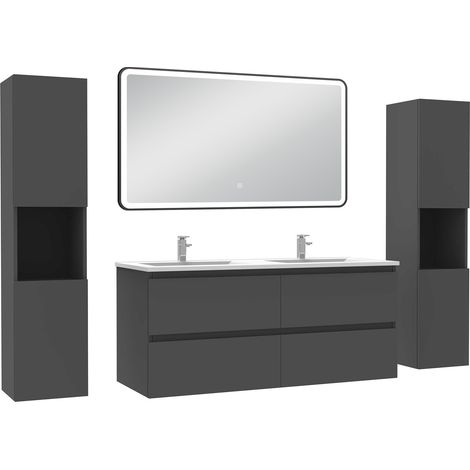 Acezanble Meubles Salle de Bain 120cm avec colonne + miroir lumineux 3 couleurs + dimmable Anthracite